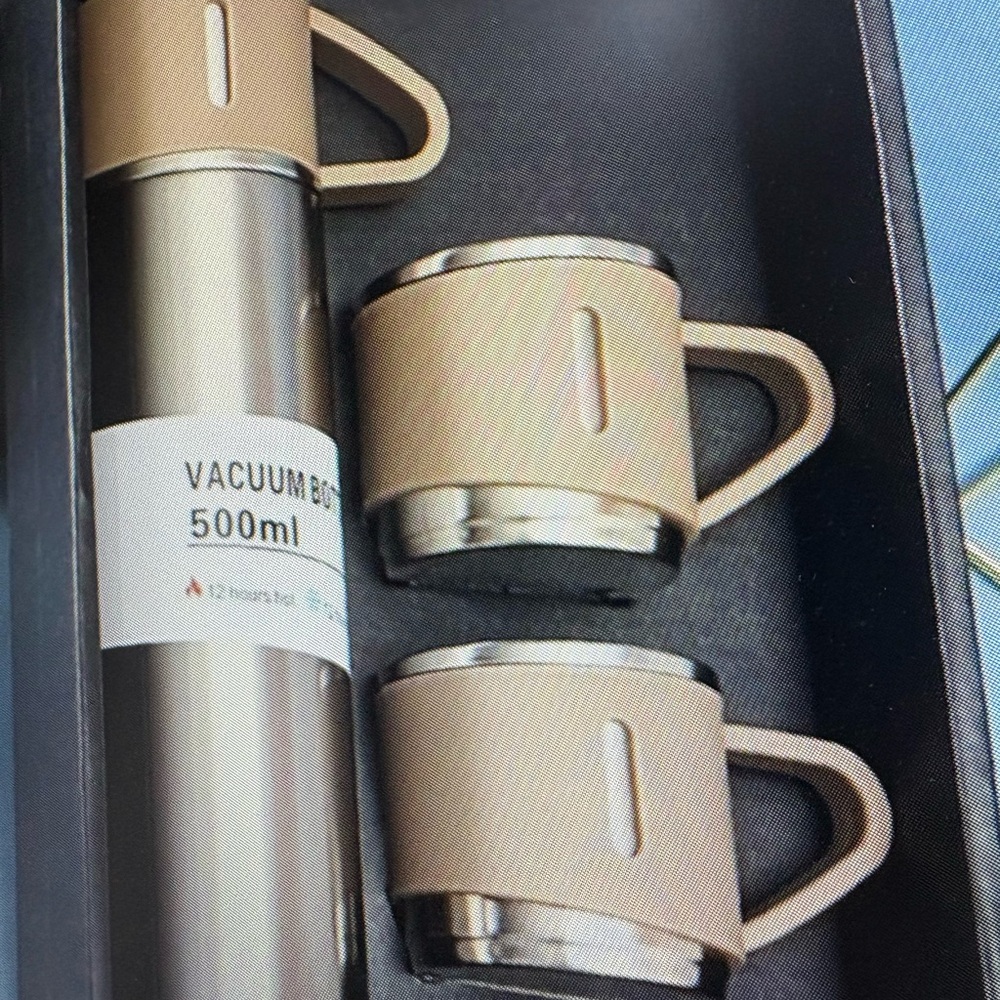 NEW - Stainless Steel Vacuum Bottle Set with Beige Cups